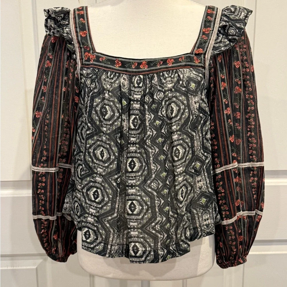 Free People Boho Puff Sleeve Mixed Print Blouse India Cotton S